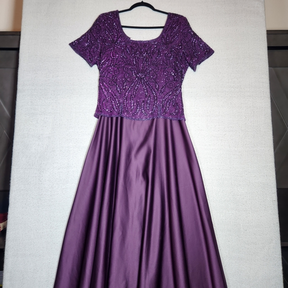 Vintage Stenay Plum Purple Glass Beaded 100% Silk Maxi Dress Womens Size 14